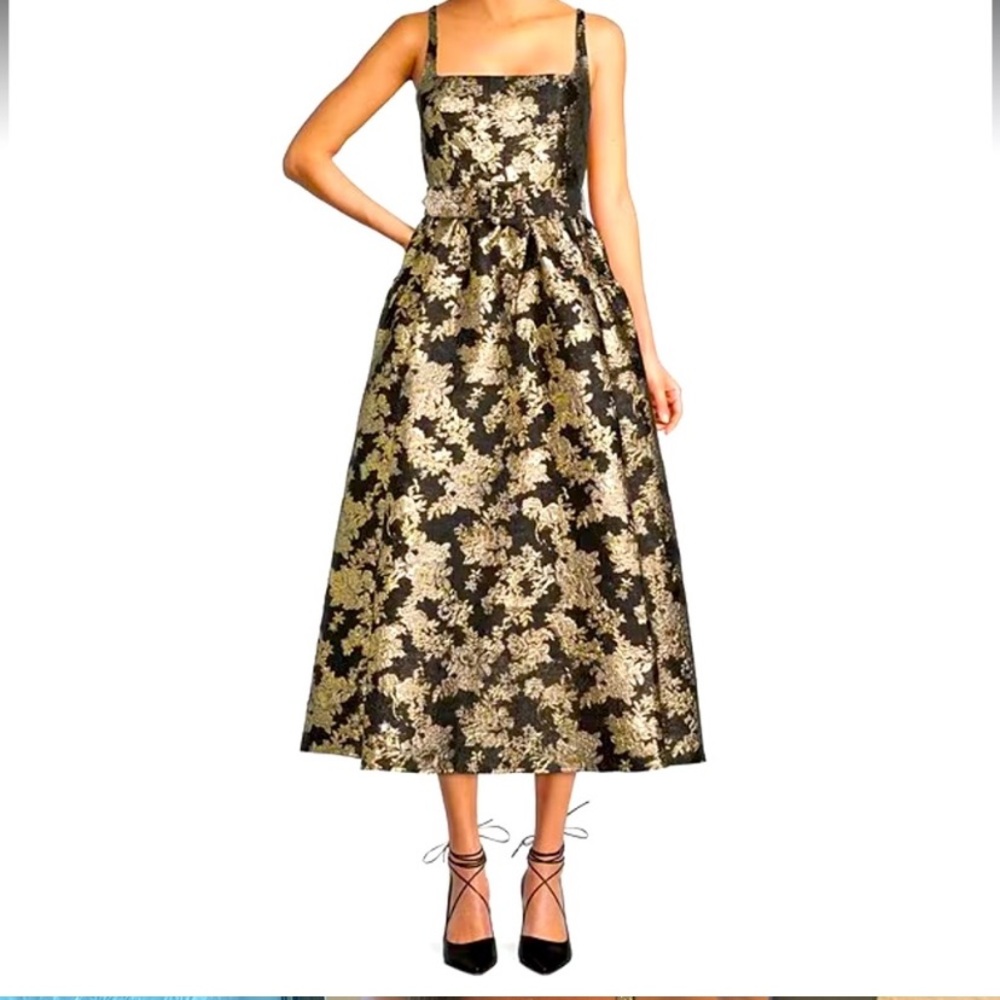Antonio Melani Black and Gold Metallic A-line Midi Dress